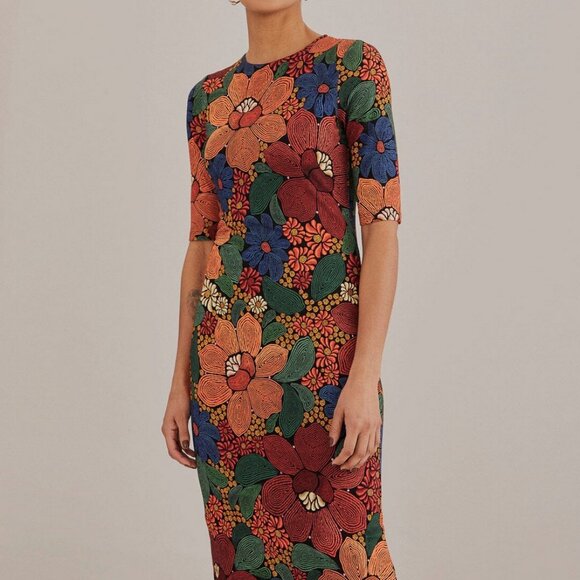 Farm Rio Black Stitched Flowers Lenzing™ Ecovero™ Viscose Midi Dress Size Small - Picture 3 of 16